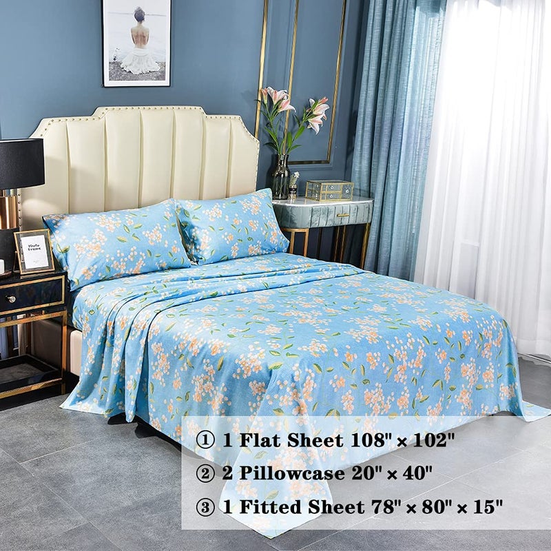 JSD Blue Floral Printed Sheet Set King Size, 4 Piece Soft Pattern Microfiber Sheets Extra Deep Pocket - Image 5